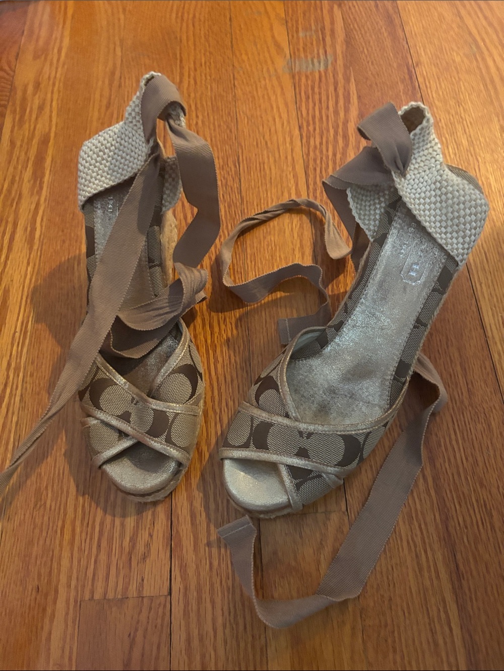 Coach Brown Signature Canvas Espadrille Lace-Up Wedges